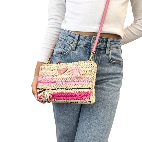 PRADA Vintage Logo Raffia Shoulder Bag Crossbody Zip Pink Cream [105238] - Picture 3 of 13